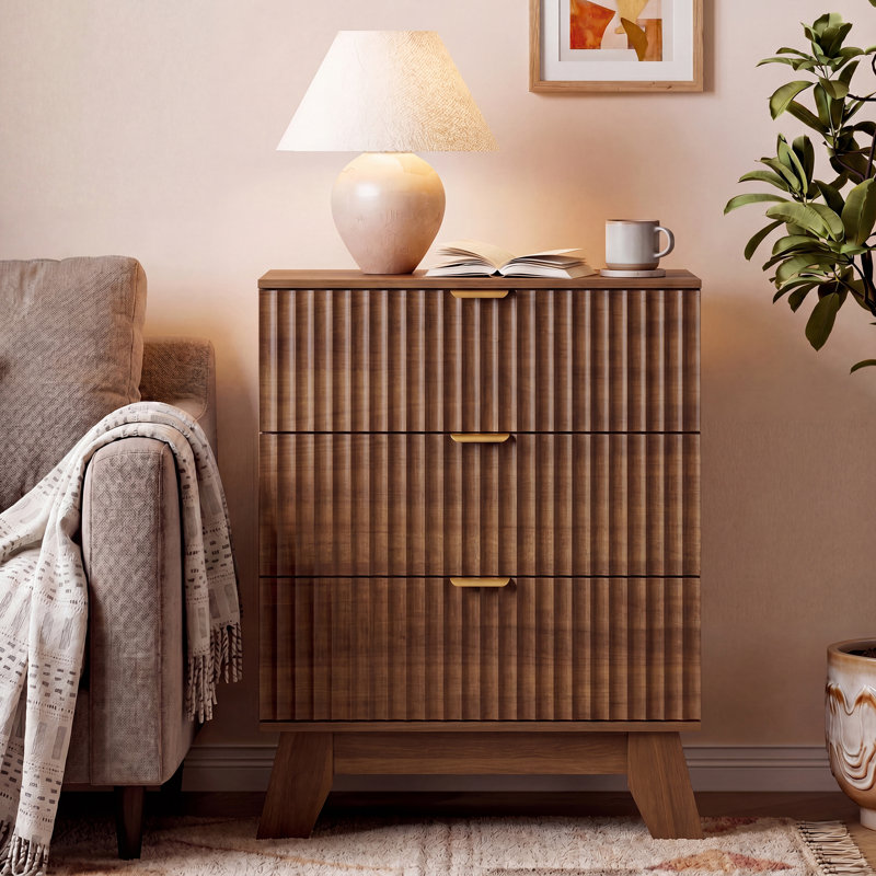 Fluted 3 -Drawers Dresser For Bedroom With Dresser Organizer, 23.6''W  Chest of Drawers ,Nightstand, Brown