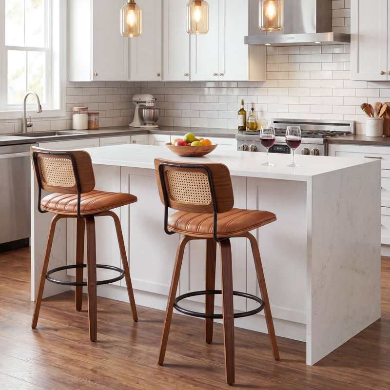 Valerie Wooden Rattan Faux Leather Bar Stools, Brown, Bar Stool (30.31" Seat Height)