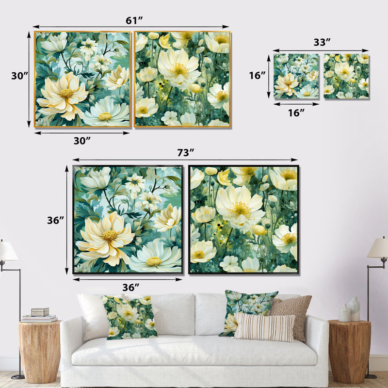 Dany - Ensemble de 2 décorations murales florales, Cadre blanc, H 16 po x l 33 po x P 1 po