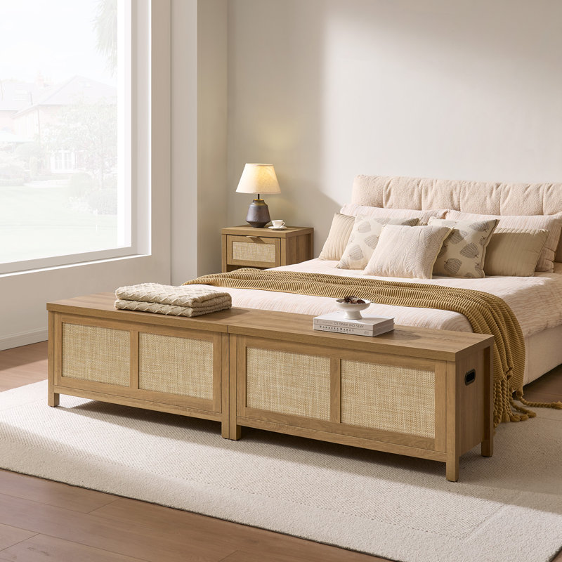 39.4" Bohemian-Inspired Rattan Bench, Multi-Functional With Hidden Storage, Caramel Oak, 1