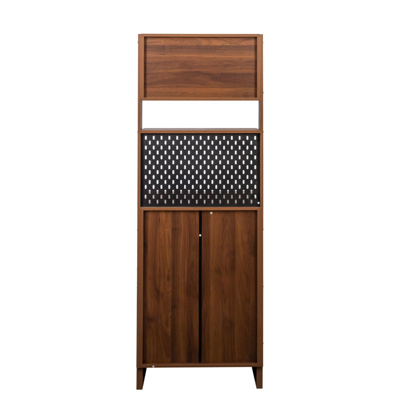 Garde-manger avec 2 portes coulissantes en verre rayé, rangement sur comptoir autoportant (noyer)