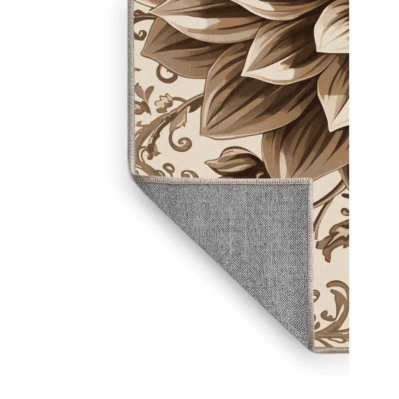 Machine Washable Paesyn Dahlia Ornate Traditional Floral Rug in Beige – Beige Binding, 5' Round