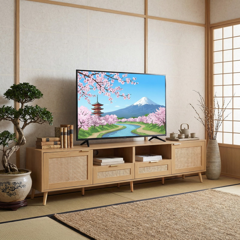 Meuble télé 78,8 po, console multimédia avec pieds en bois massif, 2 armoires de rangement et tablettes ouvertes pour cinéma maison