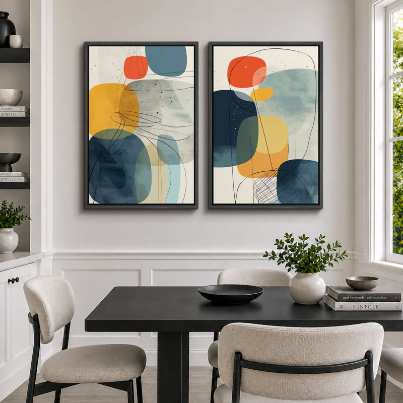 Mid Century Shape "Vibrant Blue & Yellow & Orange Polygon Artwork, Modern Abstract Geometric Wall Pictures, Framed Canvas Giclee Print 2 Pieces Wall Art Set" 16x24x2 pcs, 24x36x2 pcs