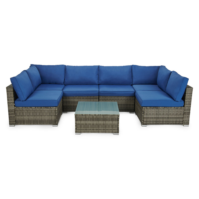 Ensemble de conversation modulaire en rotin 7 pièces avec coussins Borreli, Gris / Bleu