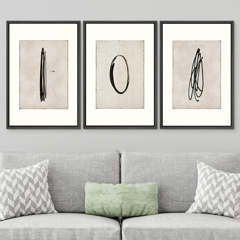 «Geometric Line Mid-Century Paint Strokes Abstract Shapes Illustration», reproduction encadrée sur toile, 3 pièces