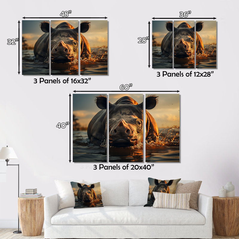 Ensemble de décorations murales de rhinocéros sauvages dans l'eau, H 28 po x l 36 po x P 1 po