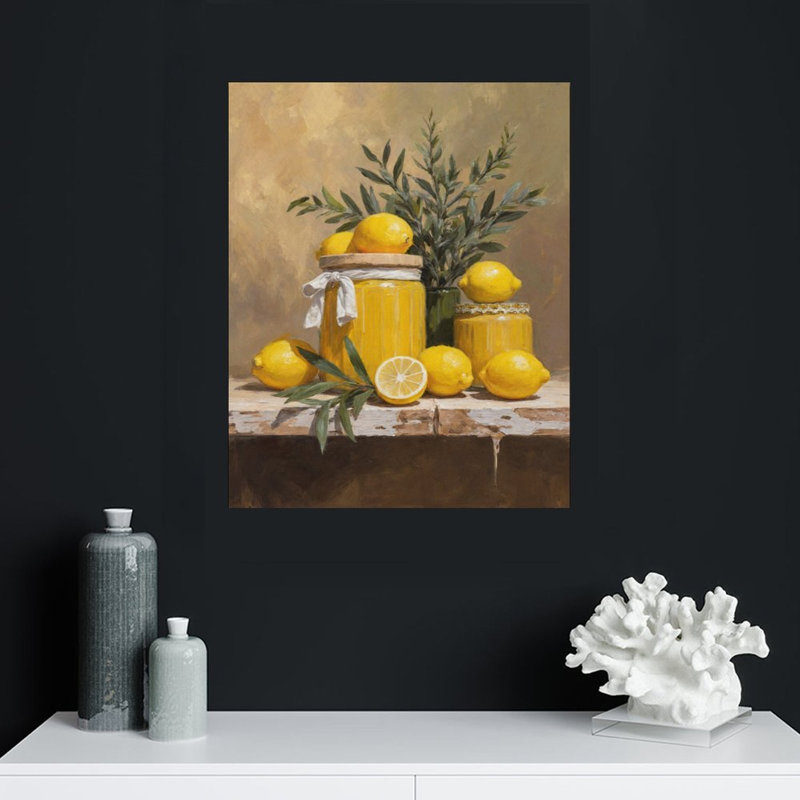 Lemons & Yellow Jars Still Life, Built-In Wooden Frame Wall Art, 16 X 20