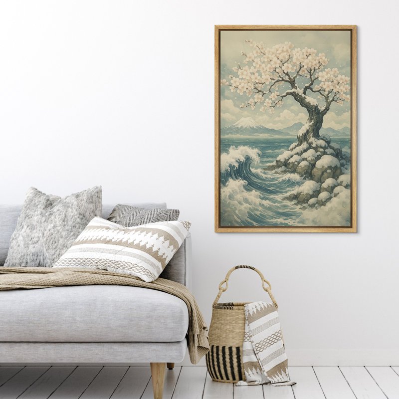 «Blossoming Tree on Rocky Shore», reproduction d'art sur toile encadrée - paysage côtier serein avec des vagues de l'océan pour des intérieurs modernes et tranquilles