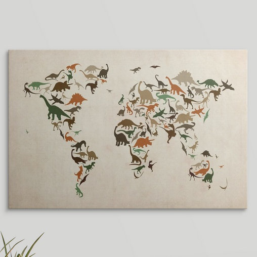 «Dinosaur Map of the World» par Correen, impression, H 32 po x l 48 po x P 1,5 po, Toile