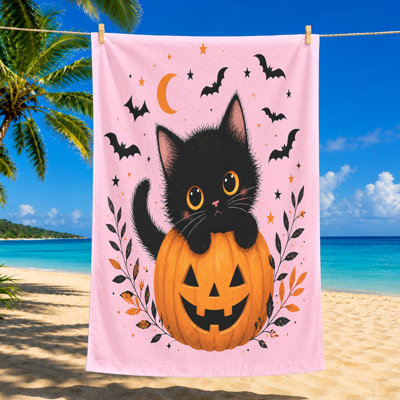 1 pièce mignon chat noir assis dans une serviette de plage citrouille sur le thème d'Halloween pour les activités de plein air, les voyages et le bain, décoration unique