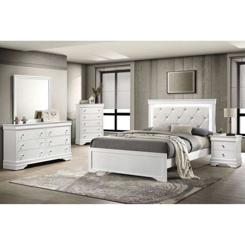 Lit simple blanc avec tête de lit tapissier et éclairage à DEL pour la chambre à coucher