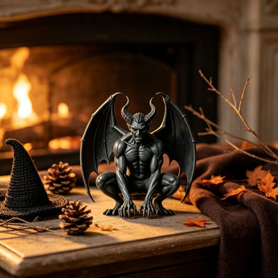 Décoration d'Halloween : Gargouille ailée accroupie, figurine en résine, statue de démon gothique, décoration de table sombre et effrayante pour l'Halloween, à exposer à l'intérieur.