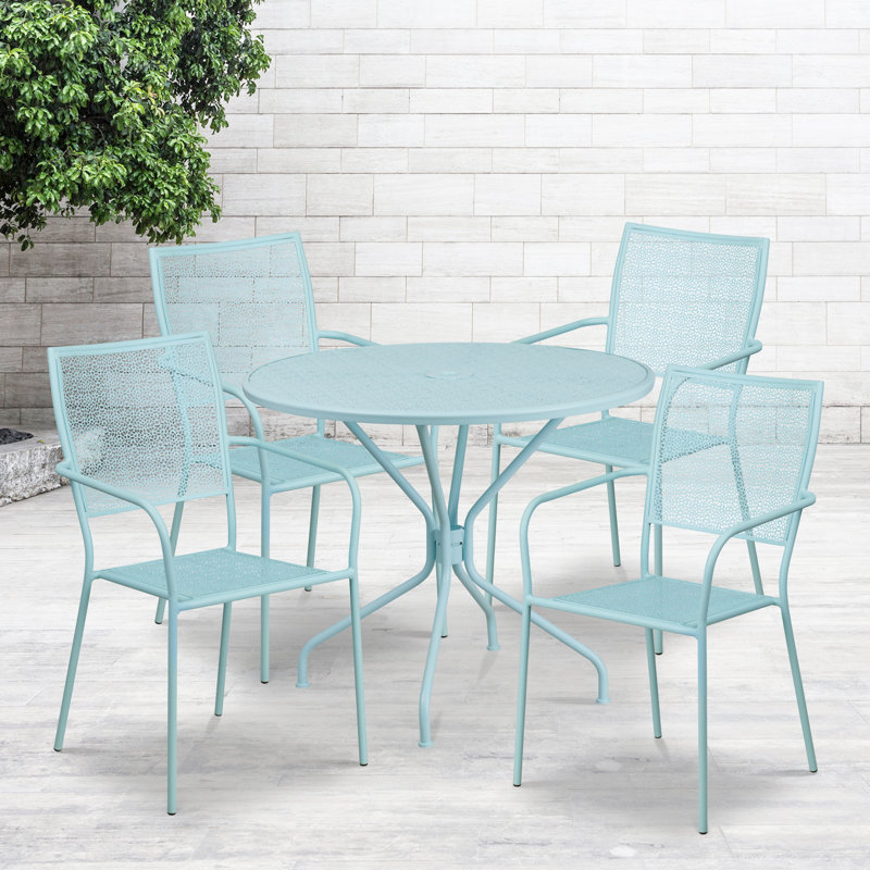 Amaaya 35.25'' Round Indoor-Outdoor Steel Patio Table Set with 4 Square Back Chairs, Sky Blue