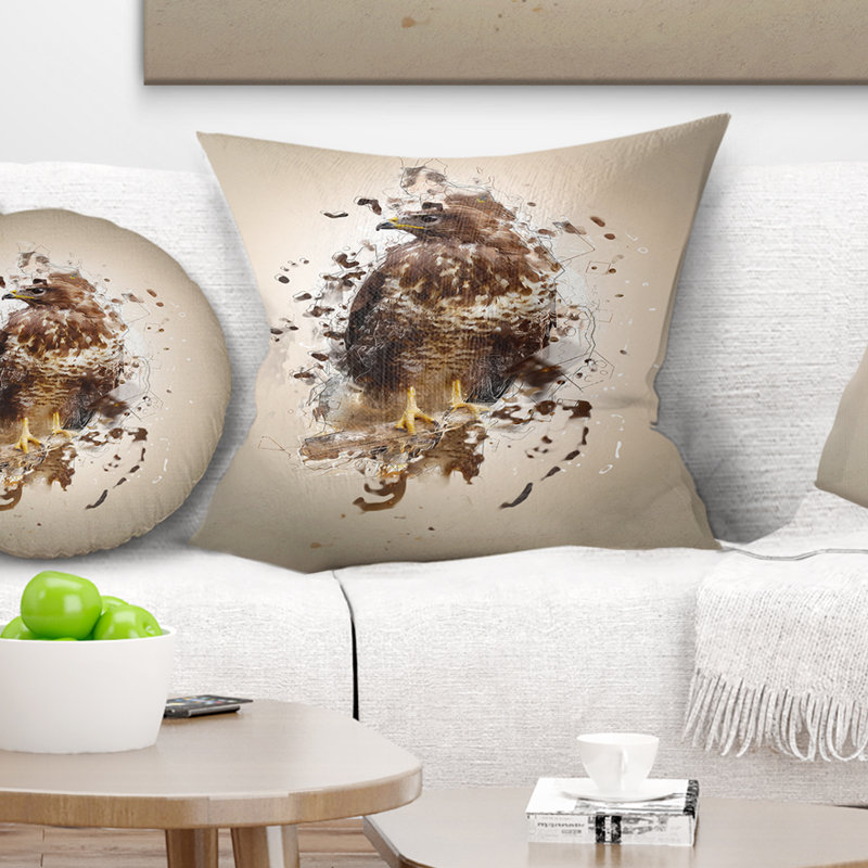 Faucon abstrait sur une branche - coussin imprimé animal, 16 po x 1 po, Coussin décoratif