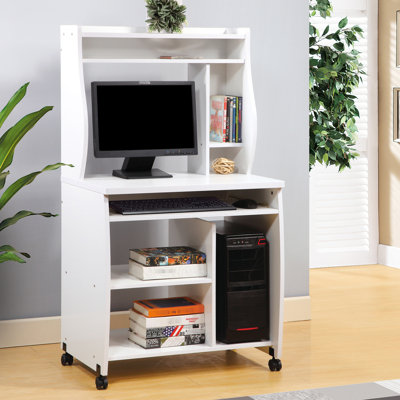 Chariot d'ordinateur mobile blanc avec support à épices, avec plateau coulissant pour ustensiles de forme élégante, profondeur de 29,5 po, four à micro-ondes de 19,51 de largeur sur roulettes verrouillables, bon pour l'installation d'une machine à café, largeur, profondeur