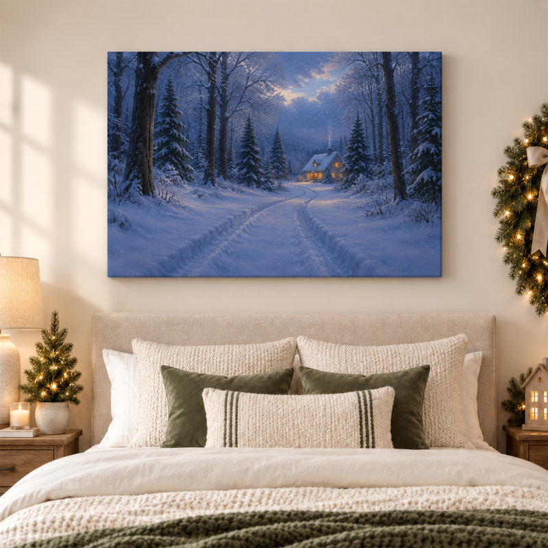 Toile enneigée, chemin menant à une cabane au crépuscule, art mural de Noël, H 18 po x l 24 po