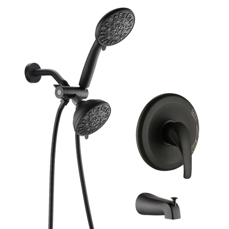 Shower System With Tub Spout - Matte Black. High 2 In 1 Dual . 7 Spray Modes For Being. All Metal. 1.8 Gpm. 59" Hose Length. 1/2" Connection. Wall Mounted Black Head & Hand Shower. Gpm Flow Rate.
