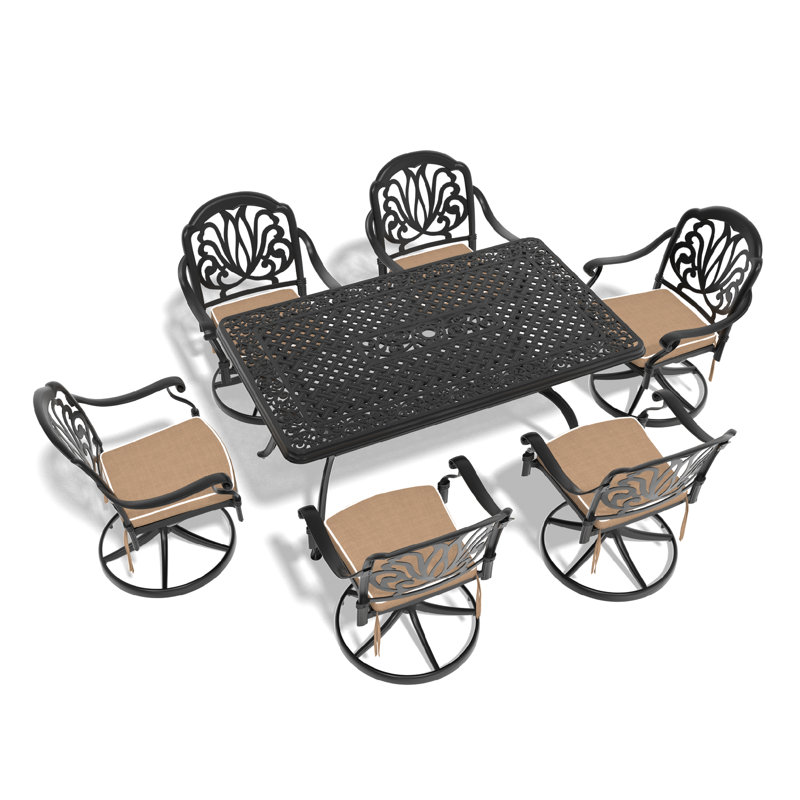 7 tables de salle à manger d'extérieur: 6 chaises pivotantes et table rectangulaire en fonte d'aluminium - Siège confortable et résistant aux intempéries