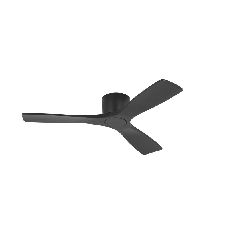 48 Inch 3 Carved Solid Wood Blades Flush Mount Ceiling Fan 6-Speed Noiseless Reversible DC Motor With Remote, Black, Black