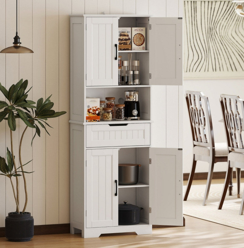 172 cm Tall Kitchen Pantry Cupboard w/ Small Open Counter, Freestanding Kitchen Cabinet w/ 2 Adjustable Shelves, White