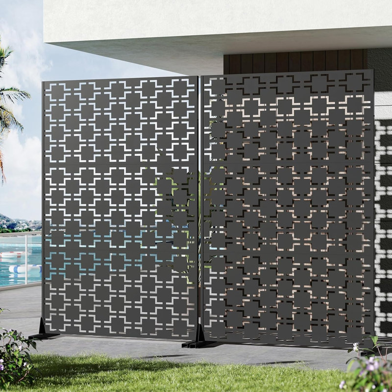 Freestanding Metal Privacy Screen, Laser Cut Decorative Garden Fence Panel with Stand, Rustproof Galvanised Steel Divider, 183x120cm, Black, Square Style