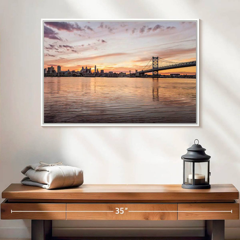 Pont Ben Franklin à couper le souffle, Cadre flottant blanc, 25 po x 17 po
