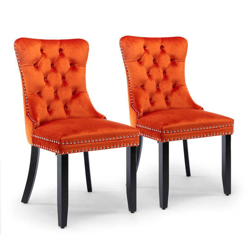 Friedrun Velvet Dining Chair Tufted Dining Room Chair with Solid Wood Leg, Orange