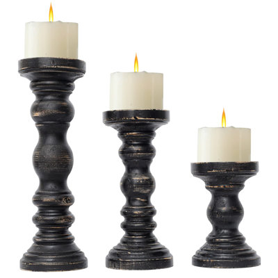 Farmhouse Wood Pillar Candle Holder Set Of 3 For Candlestick