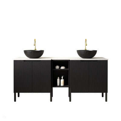 Meuble-lavabo double autoportant de 60 po avec lavabos 60 po, 2 armoires de rangement rayées de 24 po + tablette ouverte amovible de 12 po, 2 vasques noires en pierre avec comptoir en bois de Carrare, noir