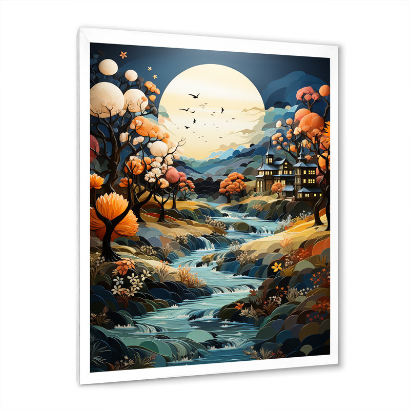 Nightly Whimsical Riverbanks sur impression sur toile, H 40 po x l 30 po x P 1,5 po, Cadre simple blanc
