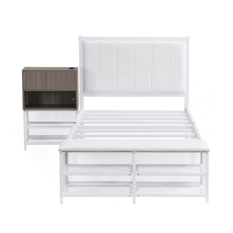 Lit plateforme en métal avec tablettes de rangement à deux niveaux, armoire de rangement en bois, Lit simple, Blanc