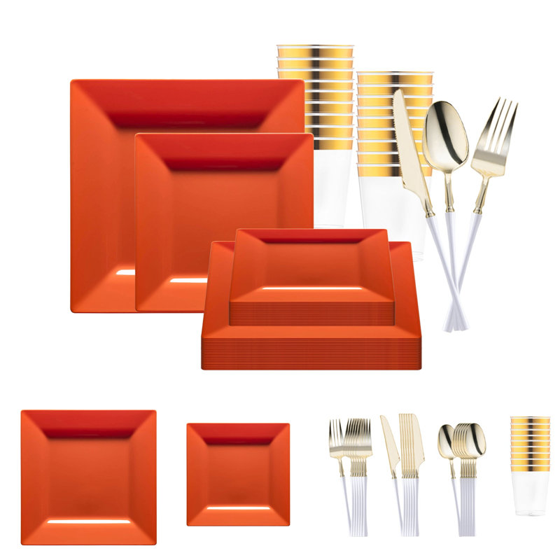 Ensemble de 60 couverts jetables carrés en plastique orange brûlé