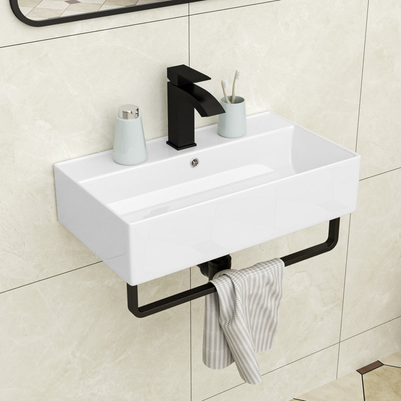 21" L x 12" W Wall Mount Bathroom Sink Wall Hung Rectangle White Ceramic Bathroom Sink with Overflow and Faucet, Black