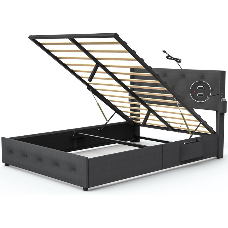Base de lit plateforme double avec rangement à gaz, tête de lit à oreilles moderne et ports de charge USB, gris foncé