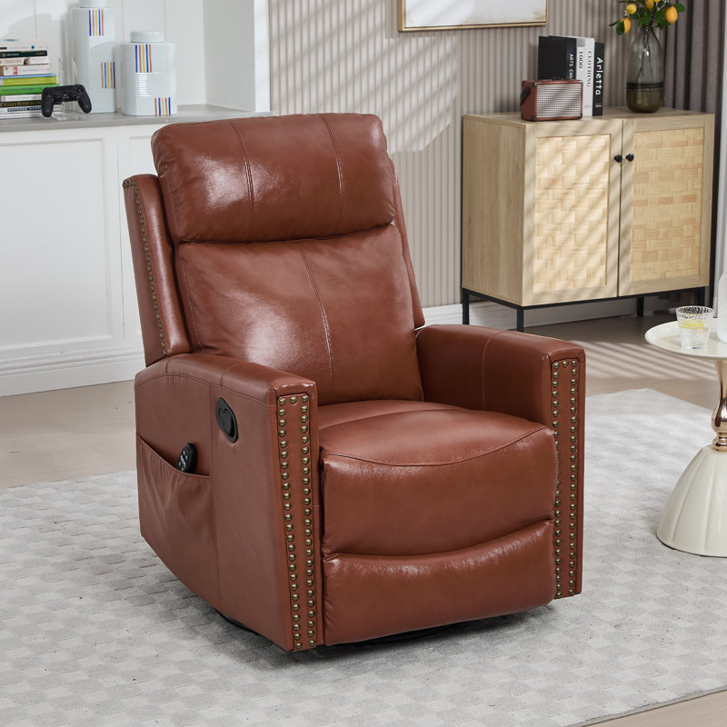 30.5 "W Manual Genuine Leather Swivel Rocker Recliner Vintage Recliner With Heated Massage, Red Brown