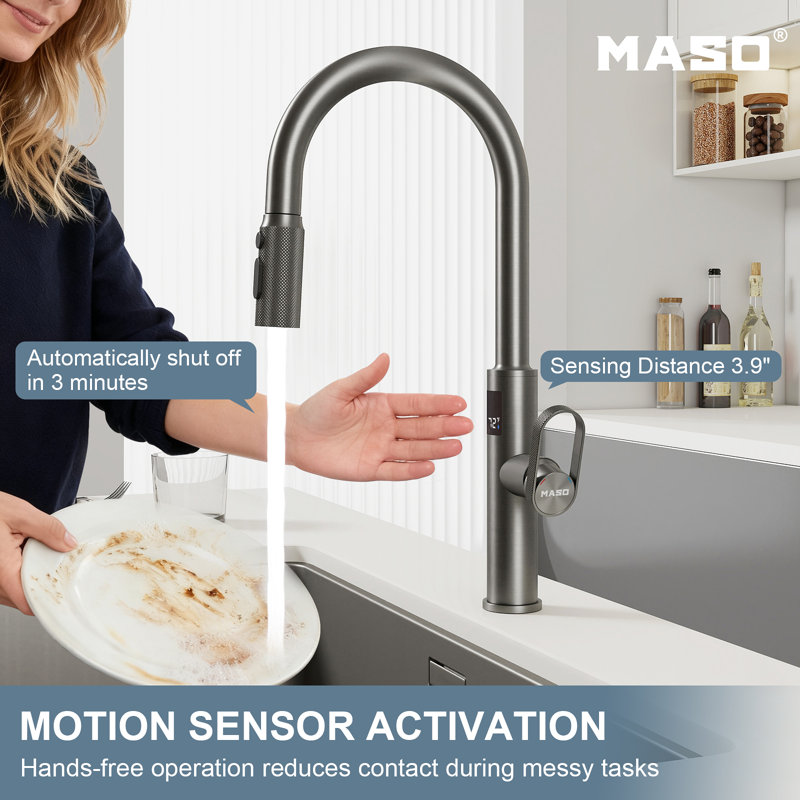 MASO Touchless Kitchen Faucet with Pull-Down Sprayer, Fahrenheit Temperature Display, 3 Spray Modes, 360° Swivel, Commercial Modern Faucet for RV, Farmhouse, Camper, Laundry & Bar,Brushed Gray