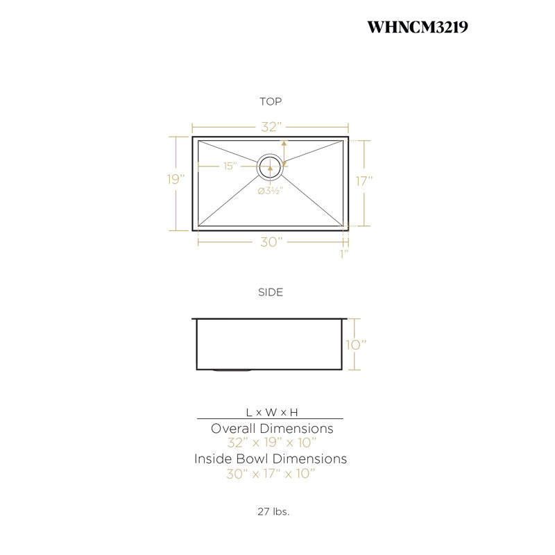 32" L x 19" W  Undermount Kitchen Sink