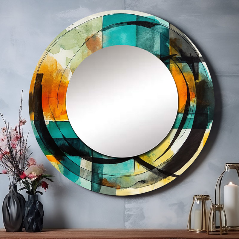 Orange Abstracted Geometric Explorations V - Modern Geometric Round Mirror Wall Decor_MTMIR61561, 36 po x 36 po