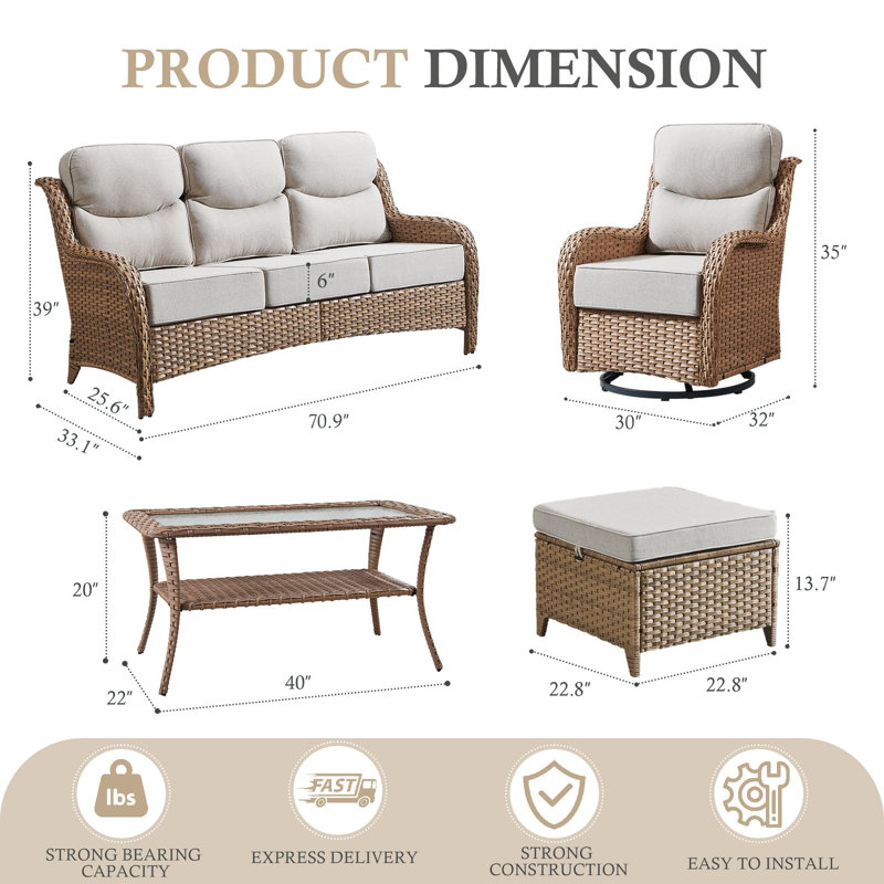 Ensemble de conversation d'extérieur en osier pour 7 personnes avec chaises pivotantes et table basse