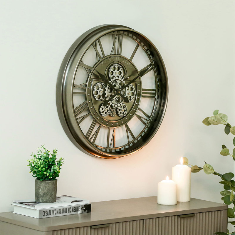 Antique Style Gear Clock for Living Room, Metal Wall Clock for Bedroom Decor, Nickel, 53.5cm H x 53.5cm W x 8cm D