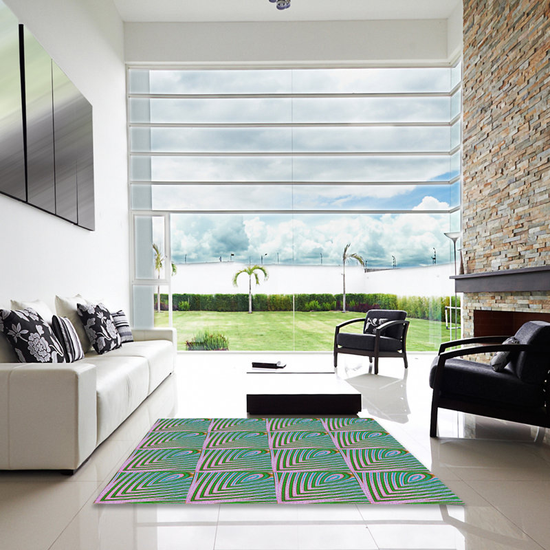 Tapis vert/gris à motifs, Carré 5 pi