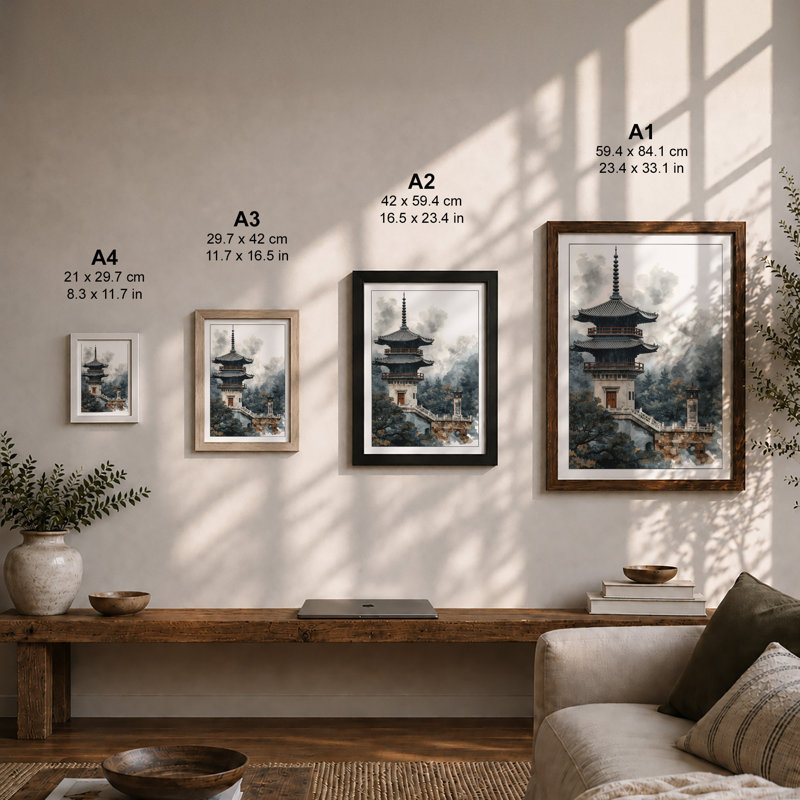 Pagoda in Cloud Japandi - Framed Print, Oak, A4 - 29.7 x 21.0 cm