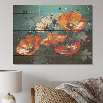 Bouquet de coquelicots orange et bleu I - coquelicots sur bois