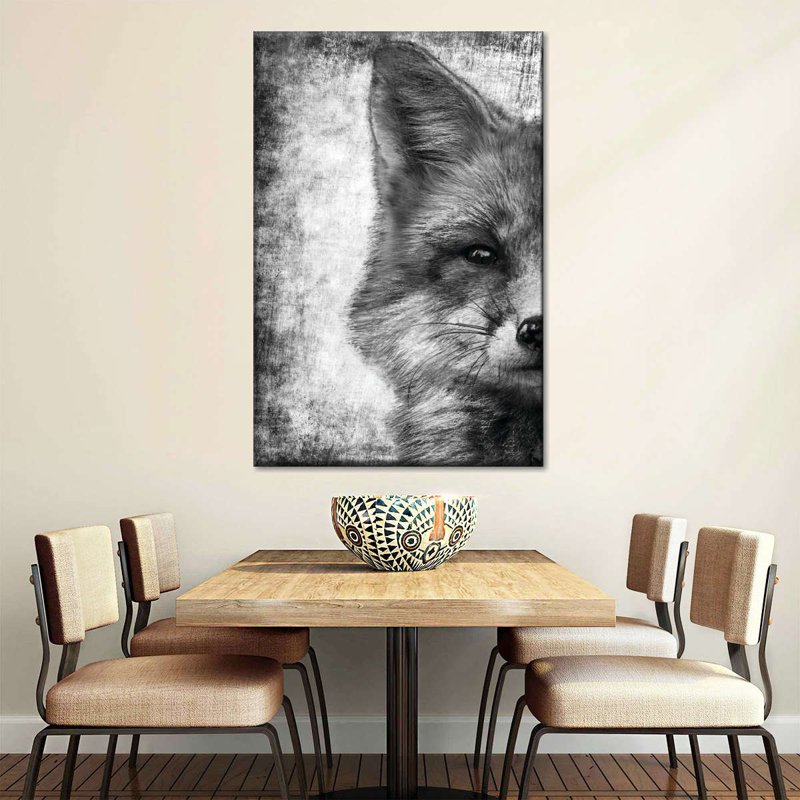 Visage de renard noir et blanc sur toile, H 24 po x l 16 po