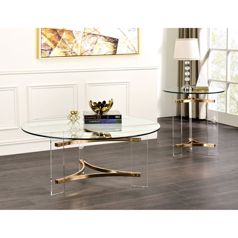 Gold Finish Coffee Table, Boasting A Contemporary Round Tempered Glass Top (10mm), Supported By Unique Triangular Metal Frame And Acrylic Base, Versatile For Different Spaces, Easy To Wipe Clean