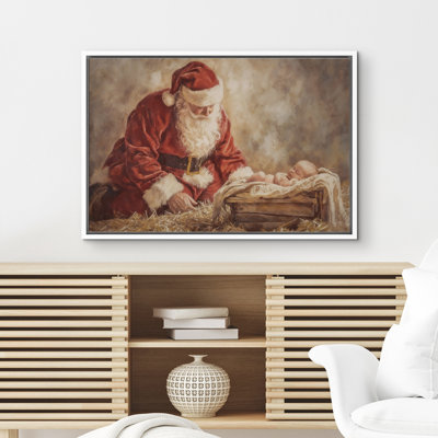 Santa Kneeling at Nativity Baby Jesus Christmas Blessing Wall Decor Framed Canvas Master Bedroom Wall Art Work Print