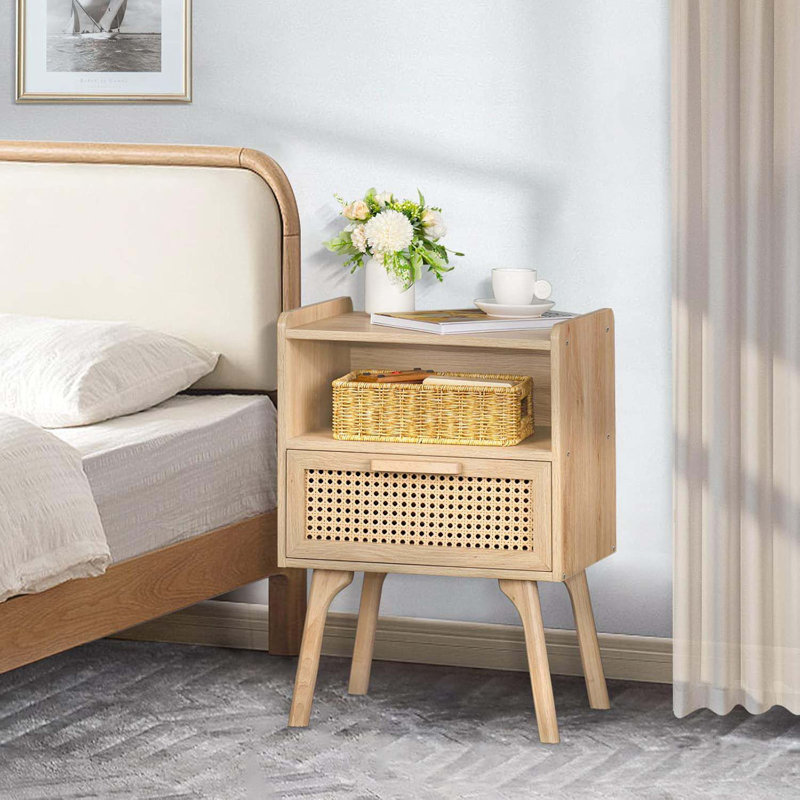 Cane Accent Bedside End Table With Solid Wood Legs For Bedroom, Dorm And Small Spaces