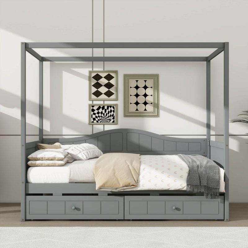 Lit à baldaquin simple avec deux tiroirs, structure de lit plateforme en bois, Gris