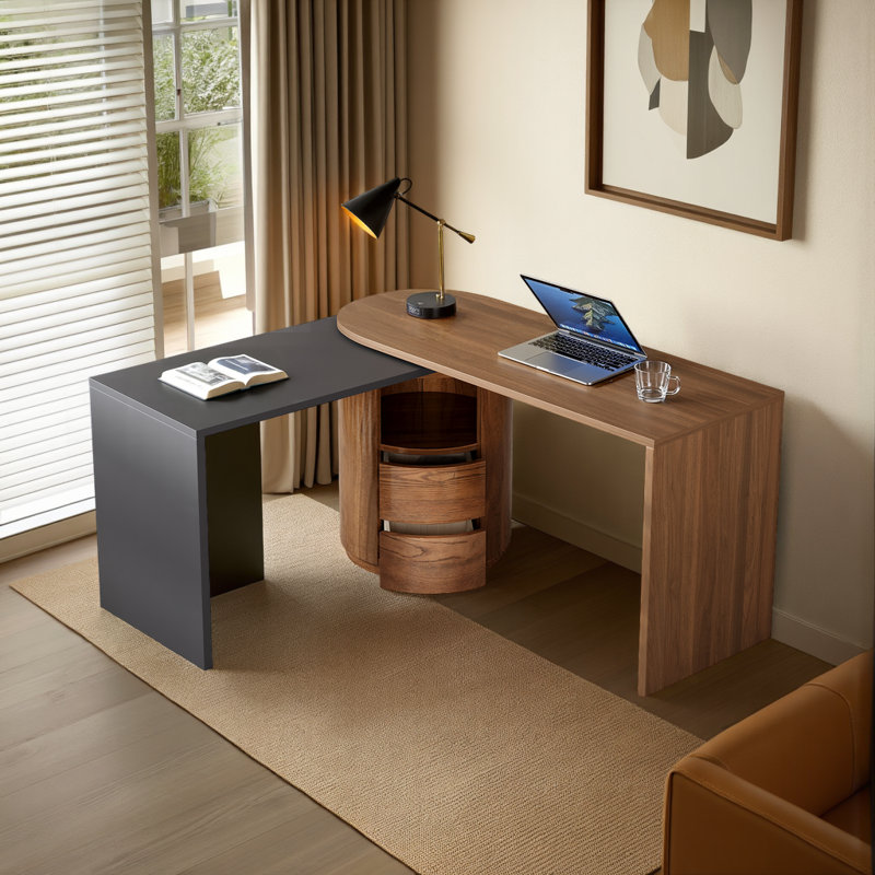 Bureau moderne en L avec 2 tiroirs et rangement ouvert, bureau pivotant à 360 ° en bois, bureau de direction, bureau d'angle